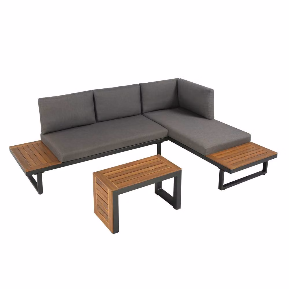 Home Garden Direct Demeter Modular L-Shape Corner Sofa in Grey, Convertible into 2 Sun Loungers with Acacia Wood and Powder Coated Aluminium Frame – 2