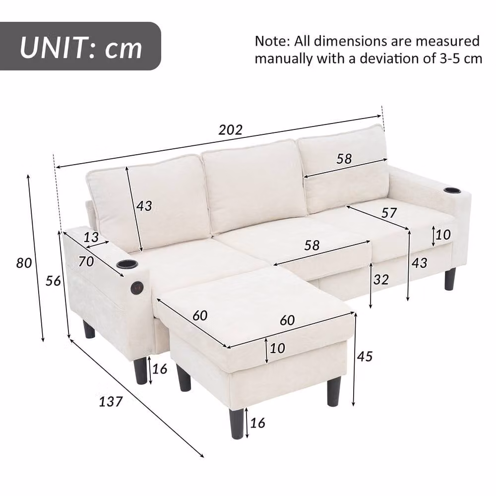 Tokpiedi 4 Seater Reversible L-Shape Corner Sofa with USB Charging and Cup Holders in Beige – 2