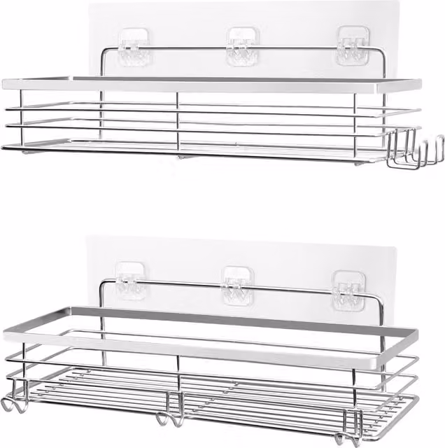 House Of Home Set of 2 Self Adhesive Stainless Steel Shower Caddies, Silver