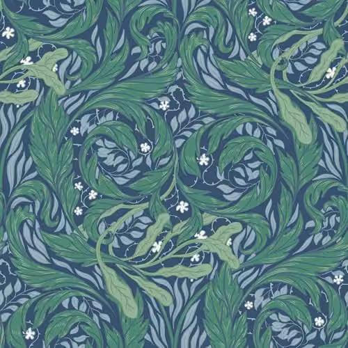 Muriva Vale Leaf Arts and Crafts Botanical Wallpaper in Green and Blue – 1