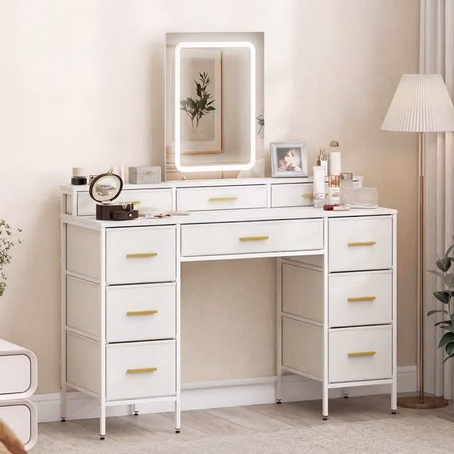 HOMCOM Dressing Table with LED Lighting Mirror and 10 Drawers in White and Gold
