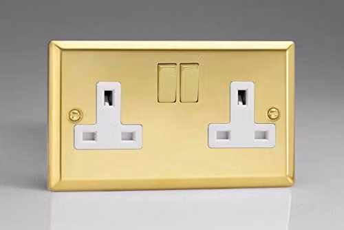 Varilight 2-Gang 13A Switched Socket in White and Yellow Victorian Brass