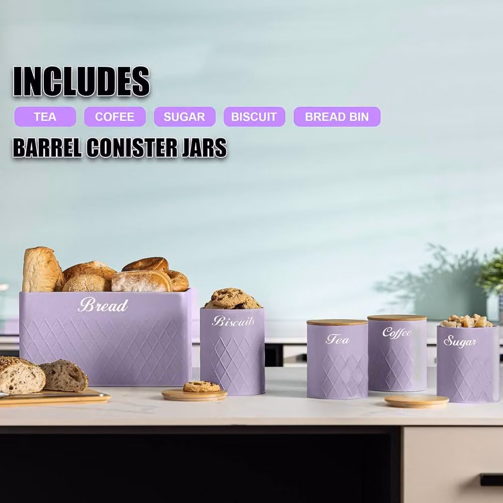 ATEK 5 Piece Purple Kitchen Canister and Bread Bin Set with Bamboo Lids and Airtight Storage – 2
