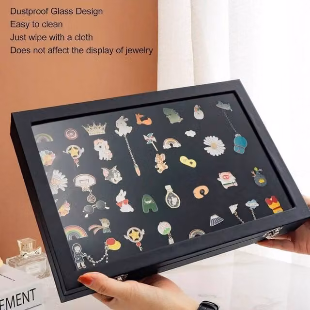 NESTLUNE Black Wood and Glass Pin Display Case Shadow Box for Badge and Enamel Medal Storage – 1