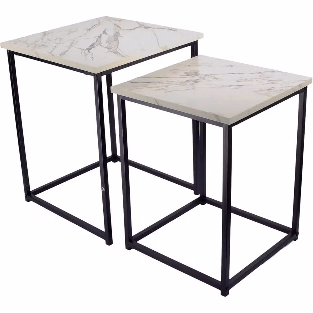 VOGREX Set of 2 Square Nesting Coffee Tables with White Marble Tops and Black Metal Frames – 2