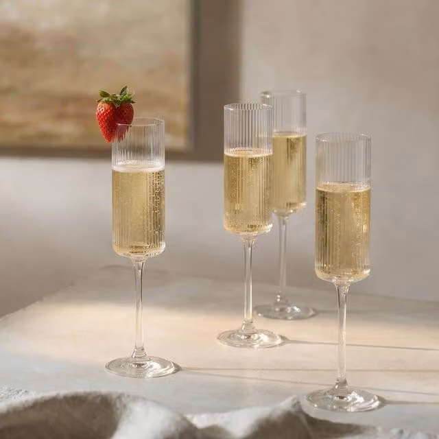 OHS Set of 4 Reusable Ribbed Plastic Champagne Flutes in Clear