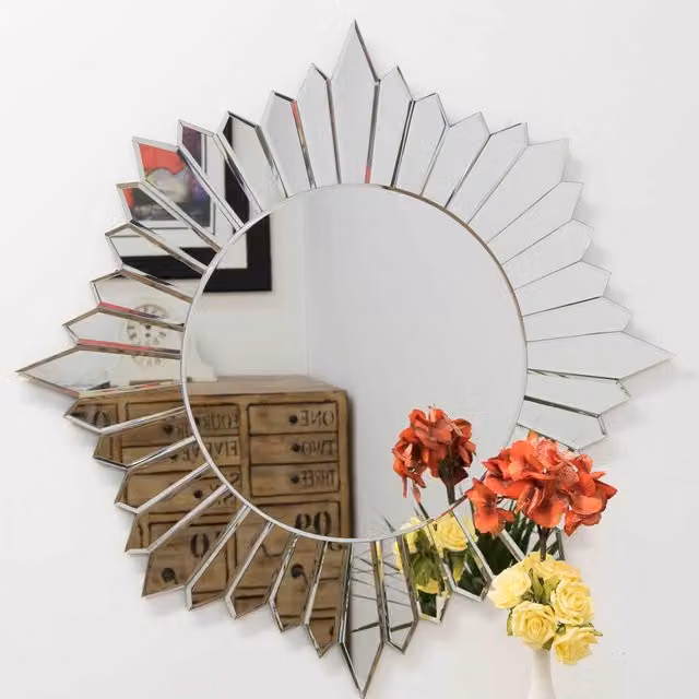 MirrorOutlet Sunburst Modern Round Glass Wall Mirror, Silver, W/D/H: 80 x 80 x 1 cm