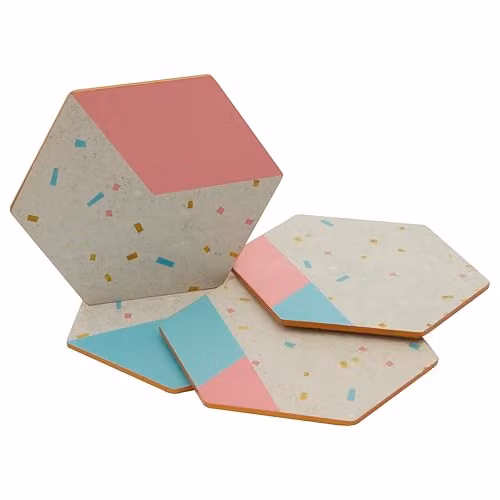 Orsina Set of 4 Round Cork Coasters with Gold and Multicolour Geometric Design