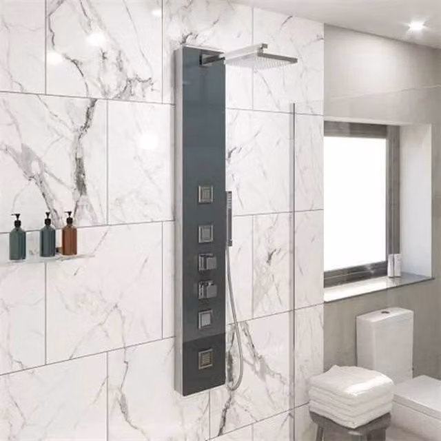 NESTLUNE Shower Tower Panel with Handset and 4 Body Jets, Grey Glass, H: 250 cm, W: 70 cm, D: 25 cm