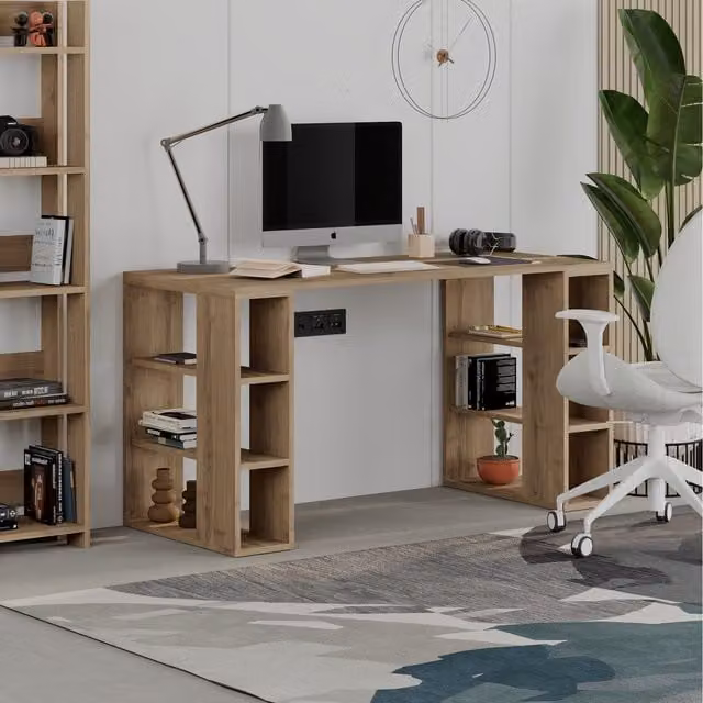 Decortie Colmar Modern Computer Desk with Bookshelf Legs in Brown