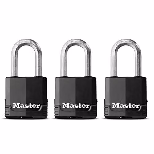 Master Lock Pack of 3 Heavy Duty Keyed Padlocks with Medium Shackle in Silver and Black Laminated Steel