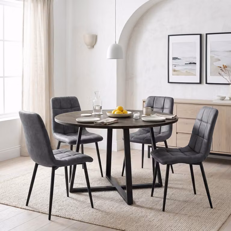 DHS Round Dining Table and 4 Chairs Set in Grey and Black with X-Frame Legs