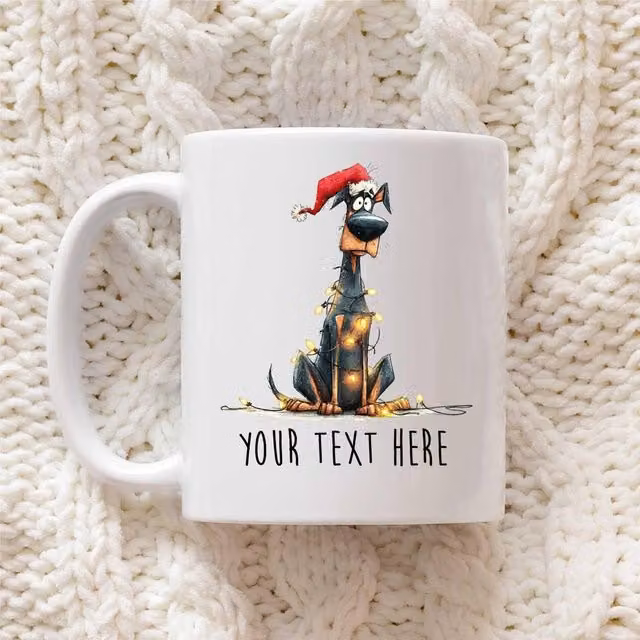 60 SECOND MAKEOVER Personalised Doberman Christmas Lights Santa Hat Ceramic Mug in White – 1