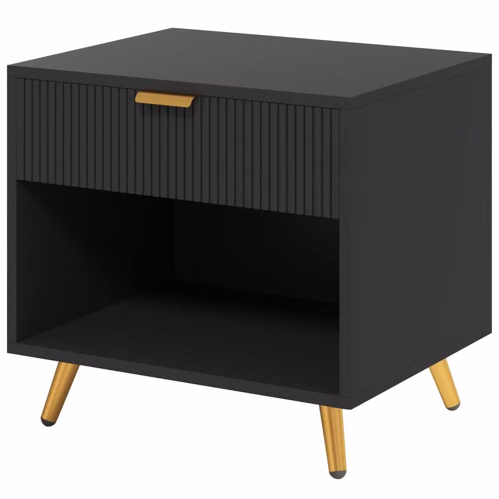 Wyld Haus Hana Bano Black and Gold Bedside Table with Ribbed Drawer and Shelf, W/D/H: 40 x 47 x 50 cm – 2