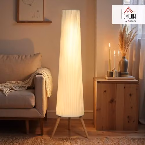 HOMCOM Dimmable LED Tripod Floor Lamp with Foot Switch, White and Wood, Height: 153 cm – 2