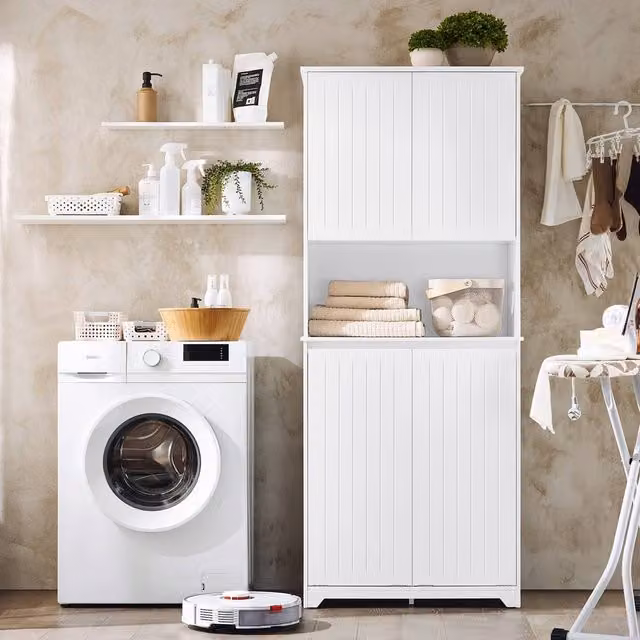 SoBuy White Modern Bathroom Tall Cabinet with Hinged Doors and Open Shelf – 1