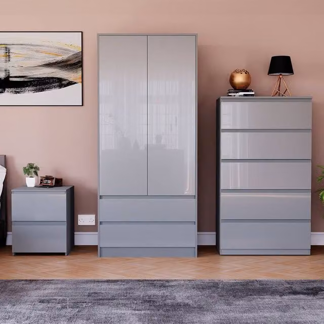 HD Designs Vida Designs Glinton 3 Piece Grey Glossy Modern Bedroom Set – 1