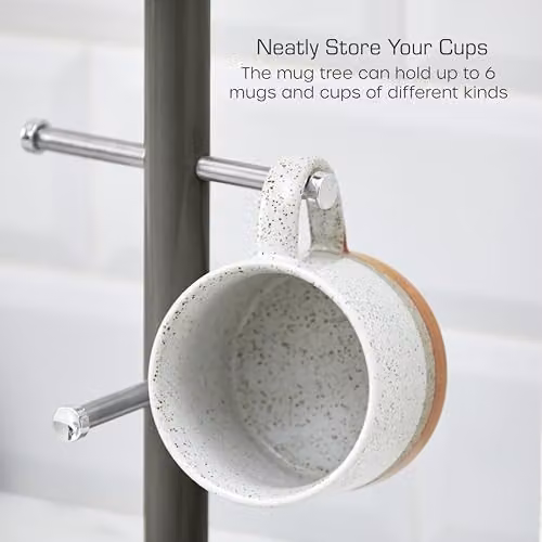 Swan Freestanding Metal Kitchen Towel Pole and 6 Mug Tree Set in Grey with Weighted Bases – 2