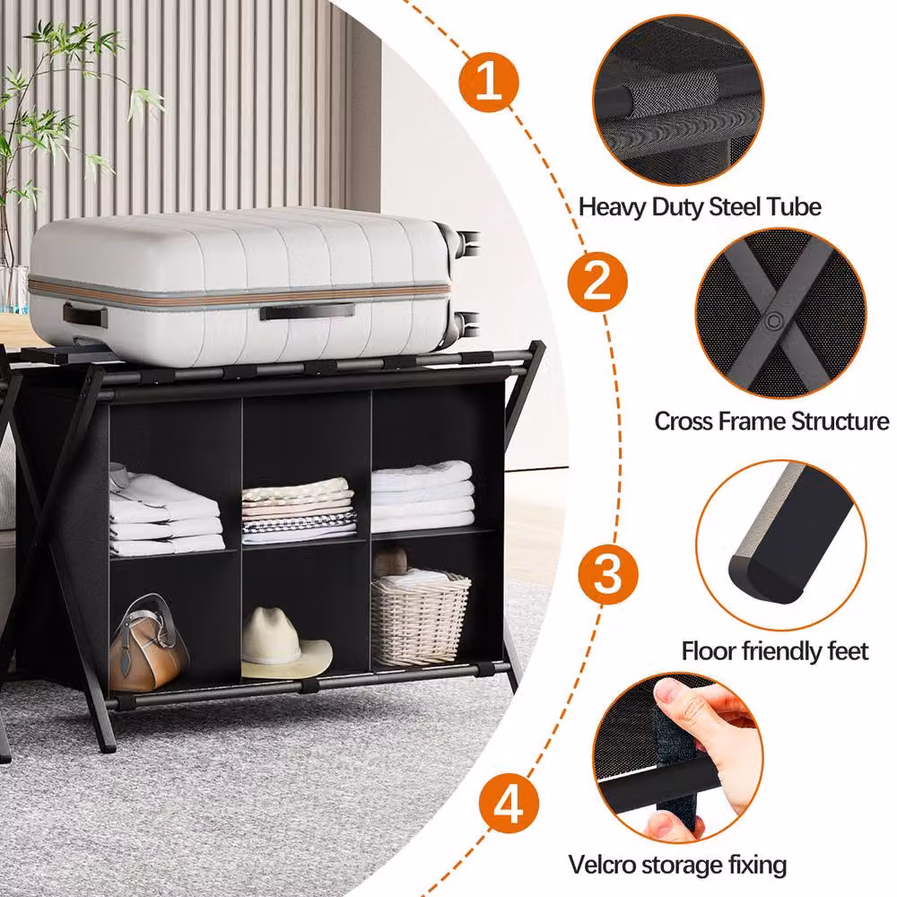 Huhote Black 6 Cube Storage Shelves and Luggage Rack – 6