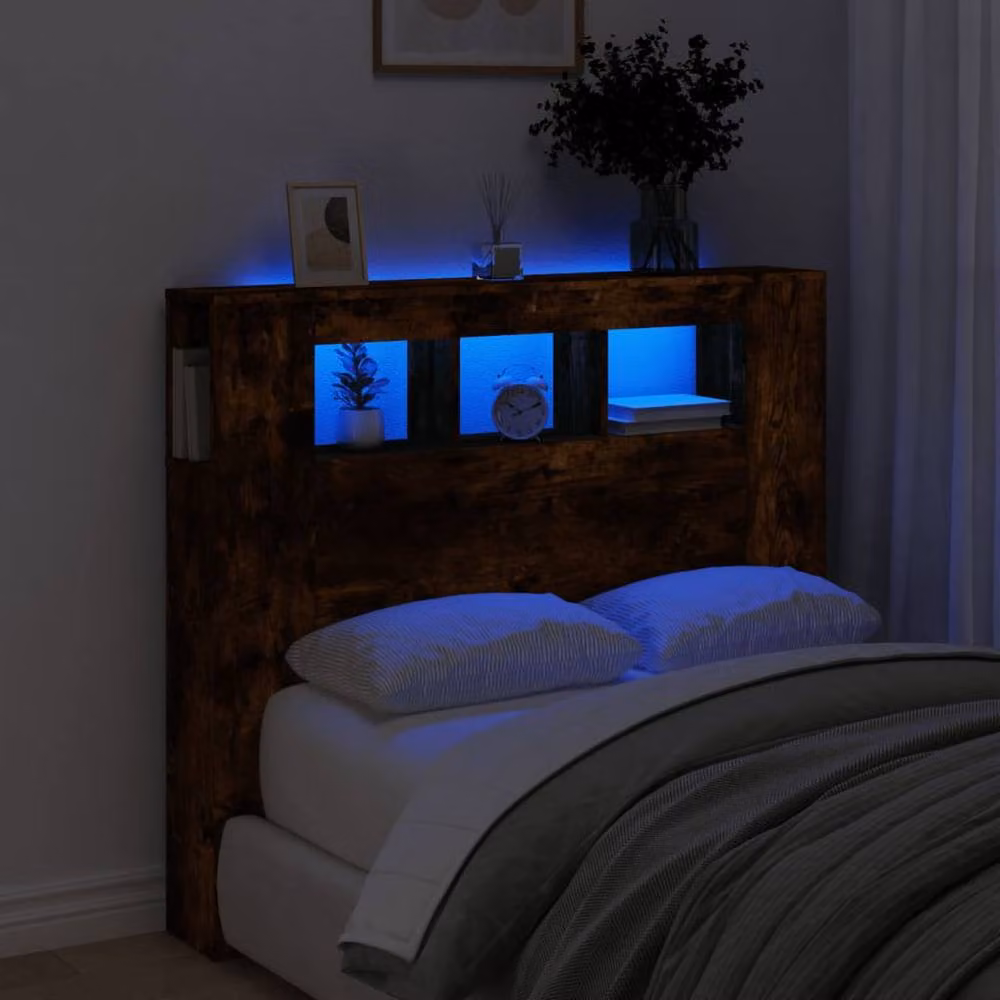 Berkfield Home LED Headboard in Smoked Oak Brown with Integrated Lighting and Shelf, W: 120 cm, D: 18.5 cm, H: 103.5 cm – 2