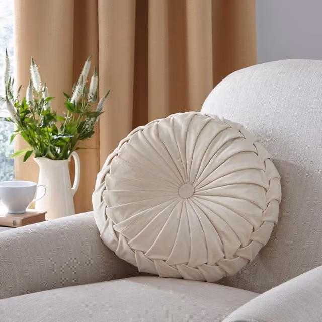 Laura Ashley Rosanna Round Velvet Filled Cushion, Beige, Diameter: 35 cm, Depth: 14 cm