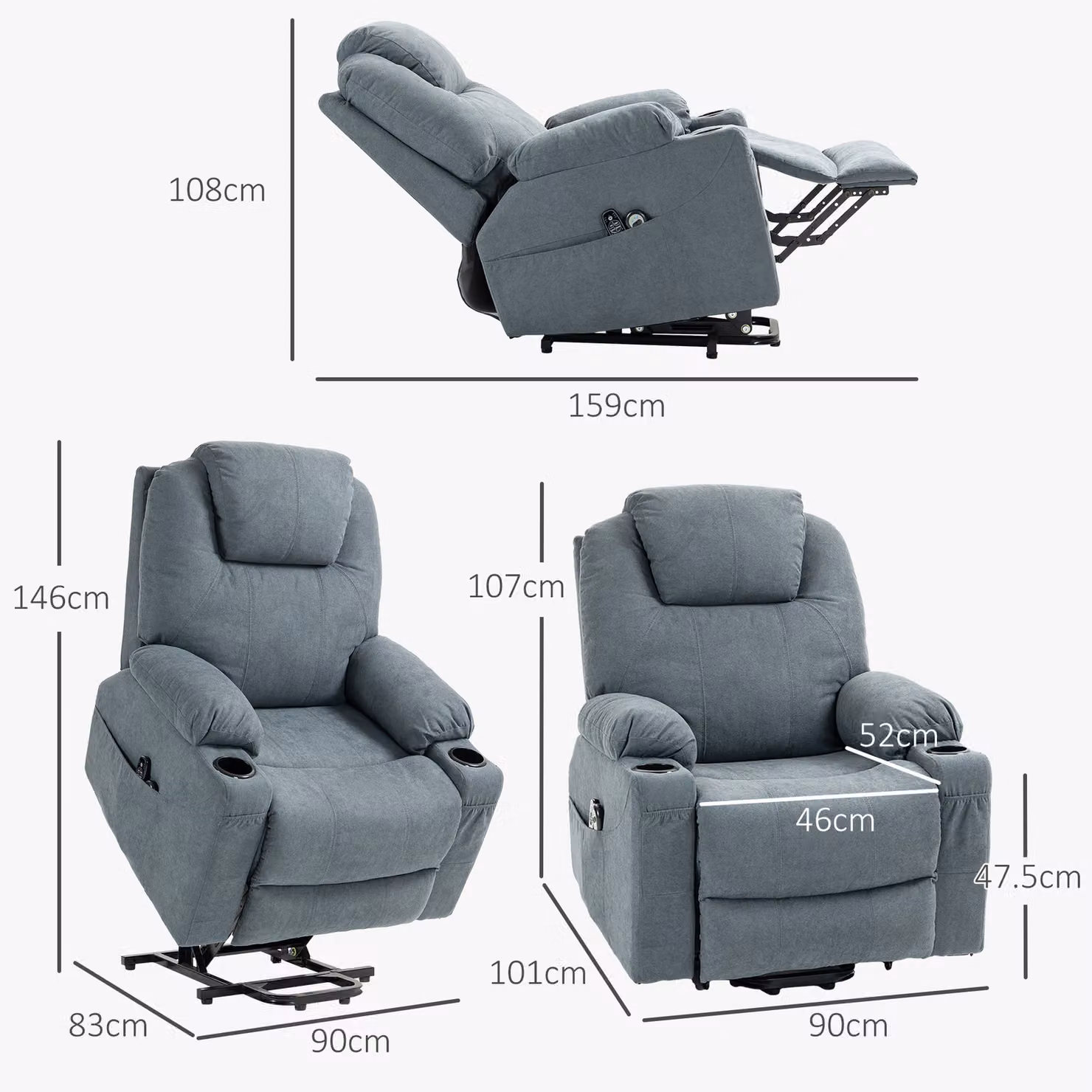 HOMCOM Charcoal Grey Riser and Recliner Lift Chair with Vibration Massage, Heat and Cup Holders – 3