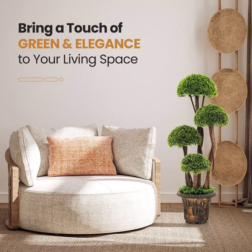 Costway Green Artificial Topiary Ball Tabletop Decor Tree with Rattan Trunk – 5