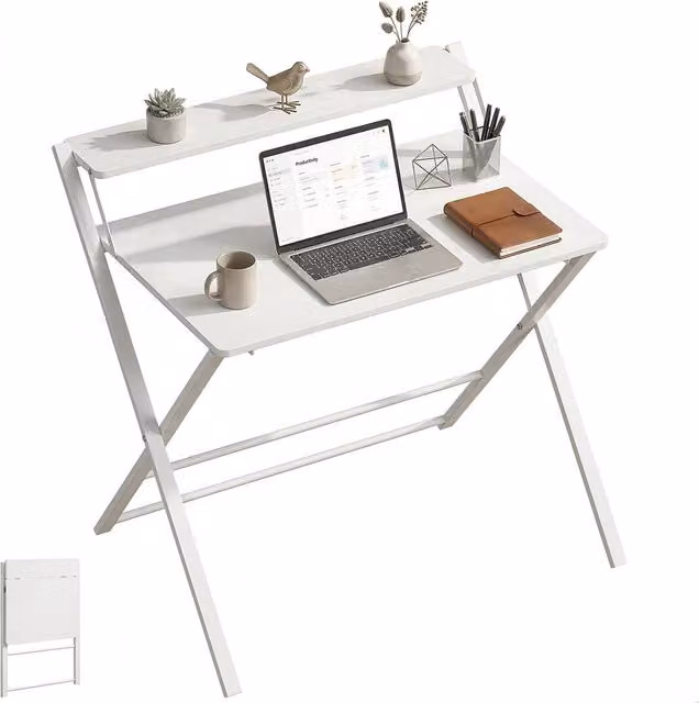 Rolipo Compact Folding Computer Desk with Storage Shelf in White