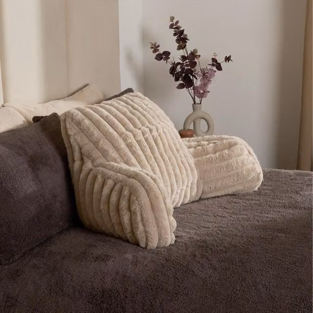 OHS Faux Fur Ribbed Heatable Wedge Cuddle Cushion in Beige and Yellow