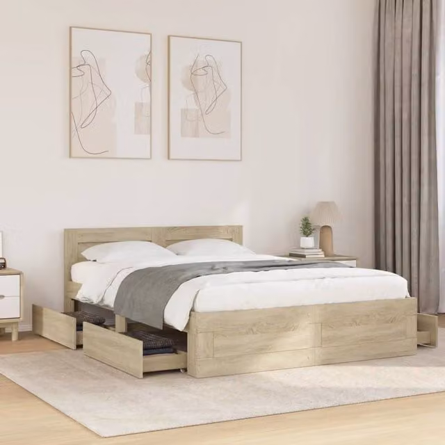 Berkfield Home Double Bed Frame with Headboard and Drawers in Sonoma Oak Brown, W/D/H: 135 x 190 cm
