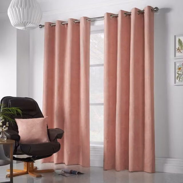 Luxury Living Pink Velvet Chenille Eyelet Curtains, Pair, Width: 142 cm, Drop: 229 cm