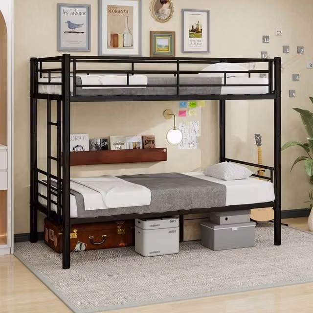 Matteo Black Metal Industrial Bunk Bed Frame with Bedside Shelf, Single Size, W/D/H: 90 x 200 cm