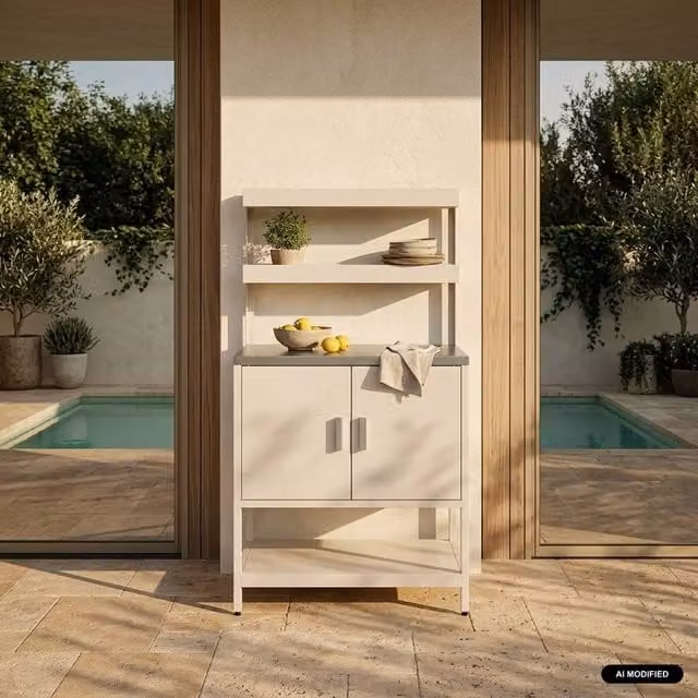 sweeek Steel Outdoor Kitchen Base Unit in Matt Beige with 2 Hanging Shelves and 2 Hinged Doors, Width: 80 cm