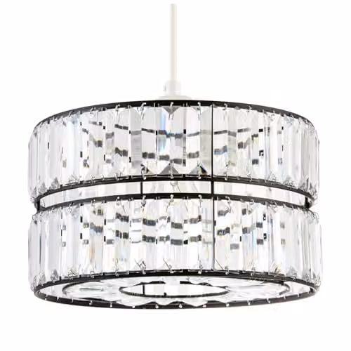 Happy Homewares Modern Double Tier Easy Fit Pendant Shade with Clear Acrylic Prisms in Black Metal, W: 15 cm, H: 25 cm