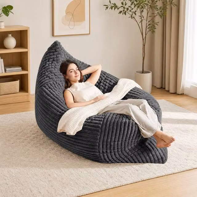 STILVORA 3-in-1 Convertible Bean Bag Chair in Grey Corduroy with Removable Cover and Shredded Memory Foam