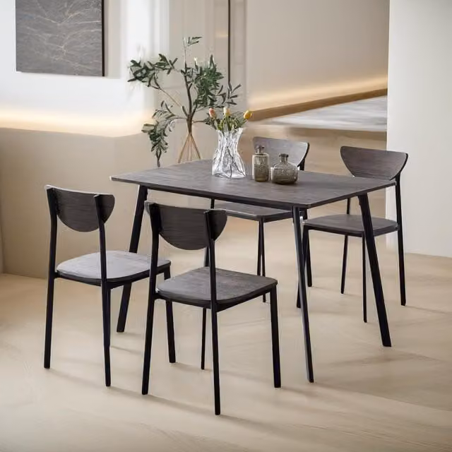 FURNOS Industrial Dining Table and 4 Chairs Set, Brown Wood Effect MDF and Metal Furniture, W/D/H: 124 x 62 x 75 cm