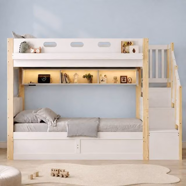 Merax White Modern Childrens Bunk Bed Frame with Stairs, Lift Up Storage, Under Bed Lighting and USB Charging Port, H 247 x W 160 x D 190 cm