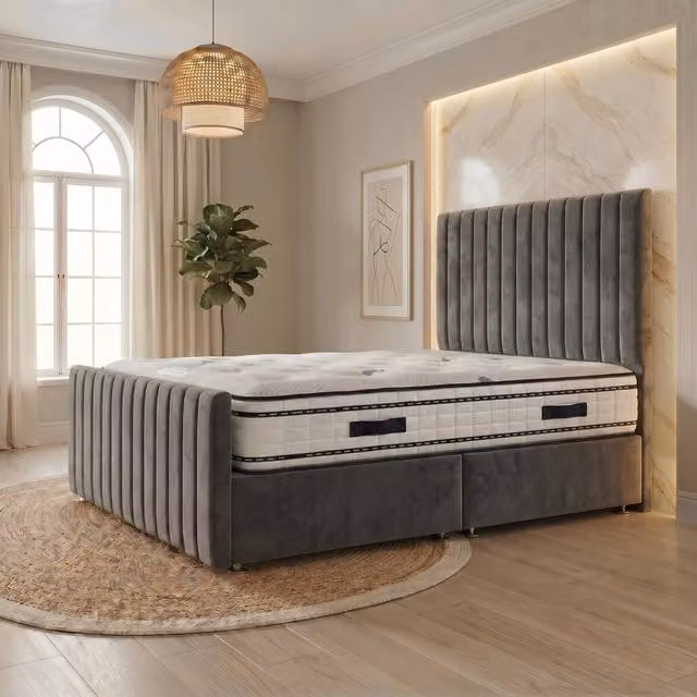 Somnior Eleanor Hybrid Divan Bed in Grey Velvet with 140 x 200 cm Mattress