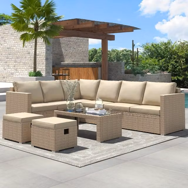 Sonara Modern 8 Seater Rattan Outdoor Furniture Set with Dual Coffee Tables in Beige and Brown