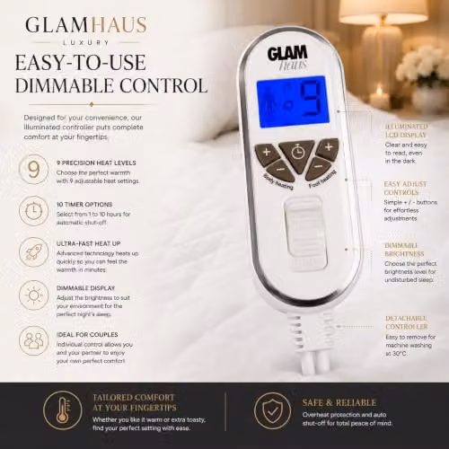 GlamHaus Superking Dual Control Electric Fitted Mattress Blanket in White – 3