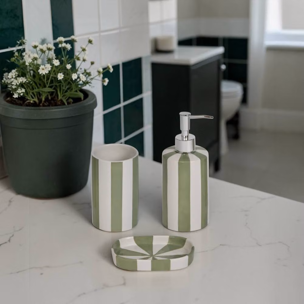 Showerdrape 3 Piece Ceramic Bathroom Accessory Set in Green and White Stripes, including Soap Dispenser, Soap Dish and Tumbler – 2