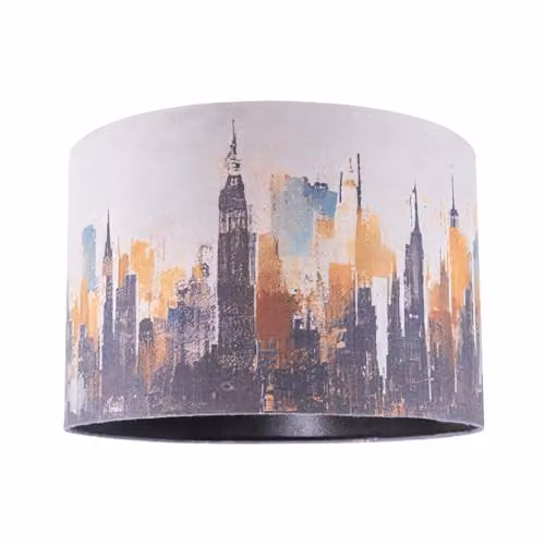 Happy Homewares Grunge Style City Scape Cotton Fabric Lamp Shade in Black, Orange and Blue, W/D/H: 20 x 20 x 30 cm