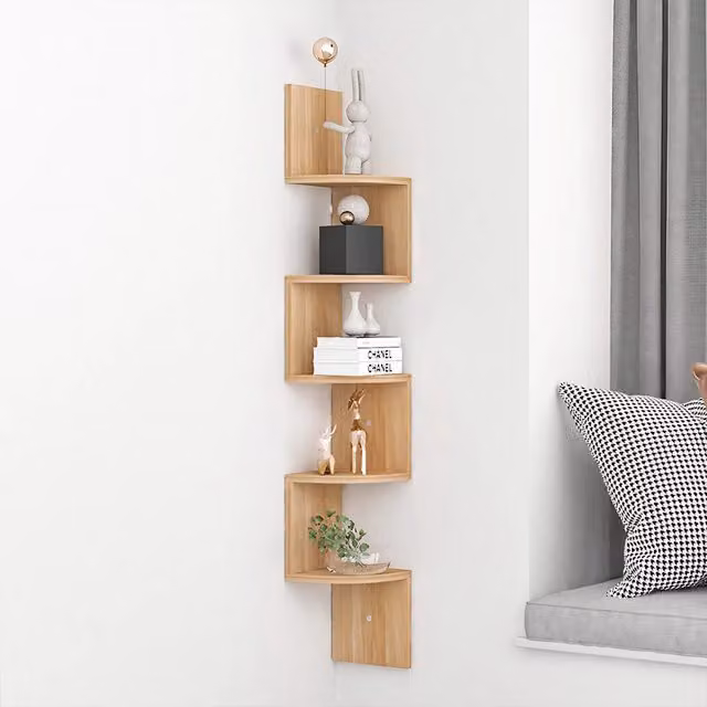 Lifeideas 5-Tier Brown Wooden Geometric Zigzag Floating Corner Shelf
