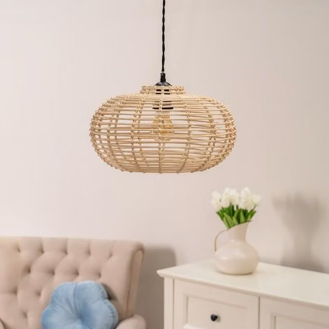 ValueLights Romy Natural Rattan Pendant Ceiling Light with 4W Warm White LED Bulb, Shade Width: 35 cm, Beige/Wood