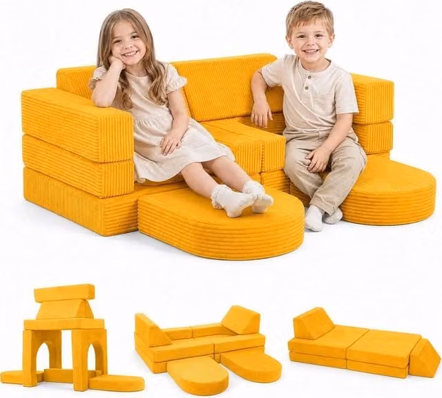 VOGREX Modular Foam Block Sofa in Yellow and Orange with Removable Washable Covers
