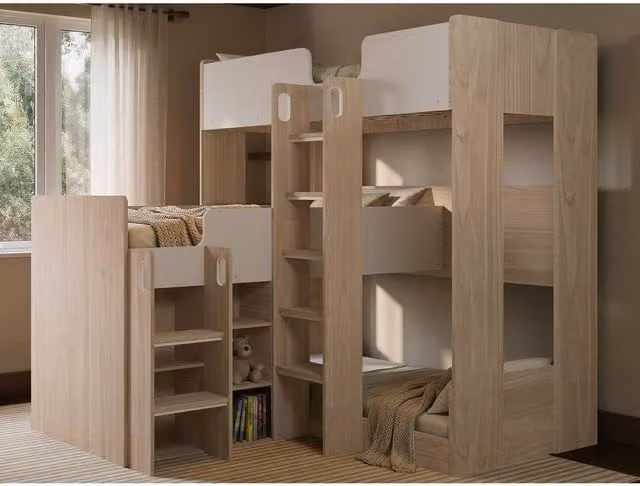 Flair Bode Triple Sleeper Bunk Bed in Oak with Stairs and Side Compartments, W/D/H: 90 x 190 cm