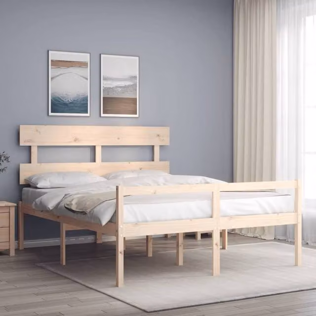 Berkfield Home Solid Wood Pine Bed Frame with Headboard in Brown, W/D/H: 160 x 200 cm