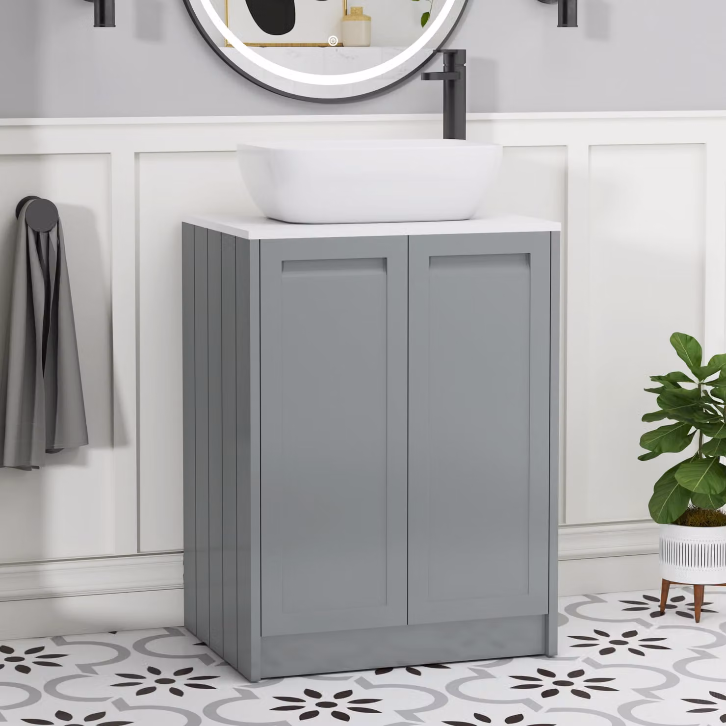 Royal Bathrooms Elmore 600mm Floor Standing 2 Door Vanity Unit in Matt Pebble Grey with Plain White Worktop and Elva Basin