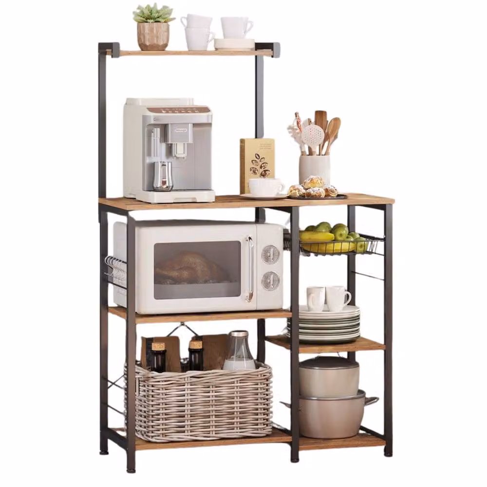 Pirlo Plush Industrial 4 Tier Kitchen Bakers Rack with Storage Shelves in Brown – 4