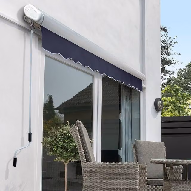Primrose Full Cassette Electric Patio Awning with 5m Canopy in Plain Dark Blue
